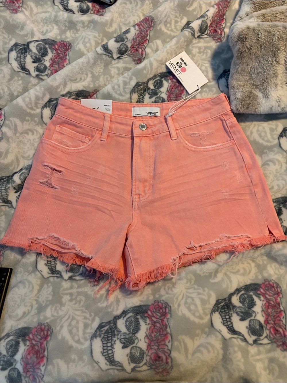 Vervet Rebecca high rise coral distressed shorts